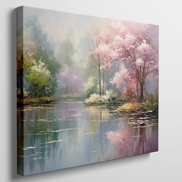 Framed canvas print of impressionistic landscape with cherry blossoms and reflective water
