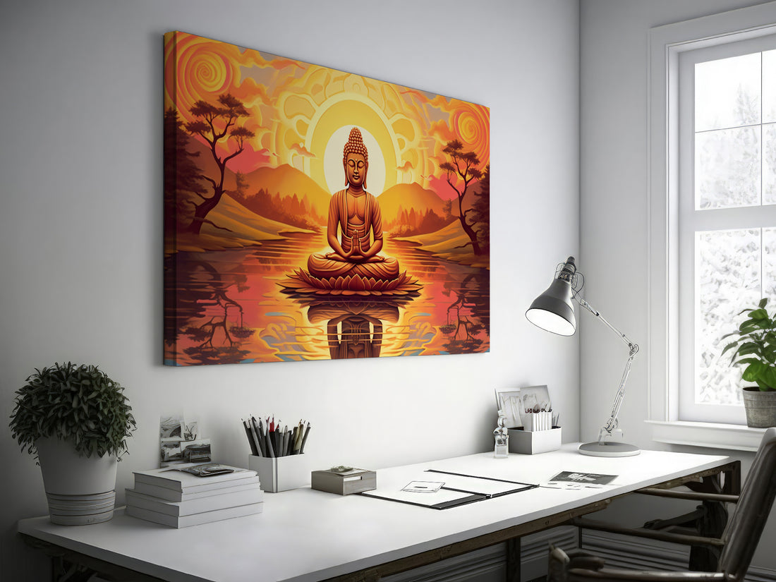 Digital art of a meditating Buddha in orange robes against a backdrop of sun, water, trees, and swirling sunset sky