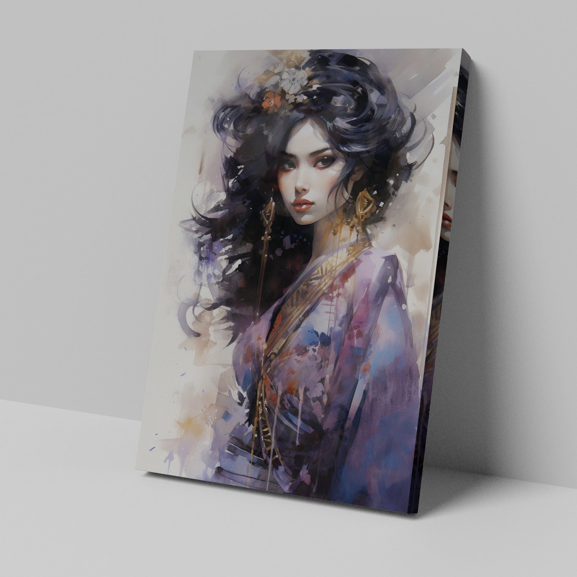 Watercolour portrait of an elegant woman with black hair and gold jewellery, with blue and purple accents