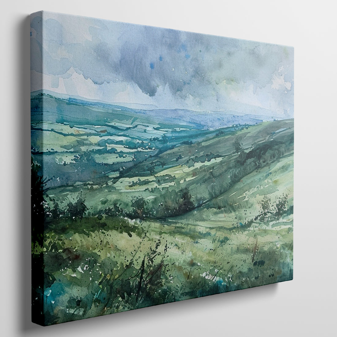 Framed canvas print of a watercolour countryside landscape with green rolling hills and vibrant skies