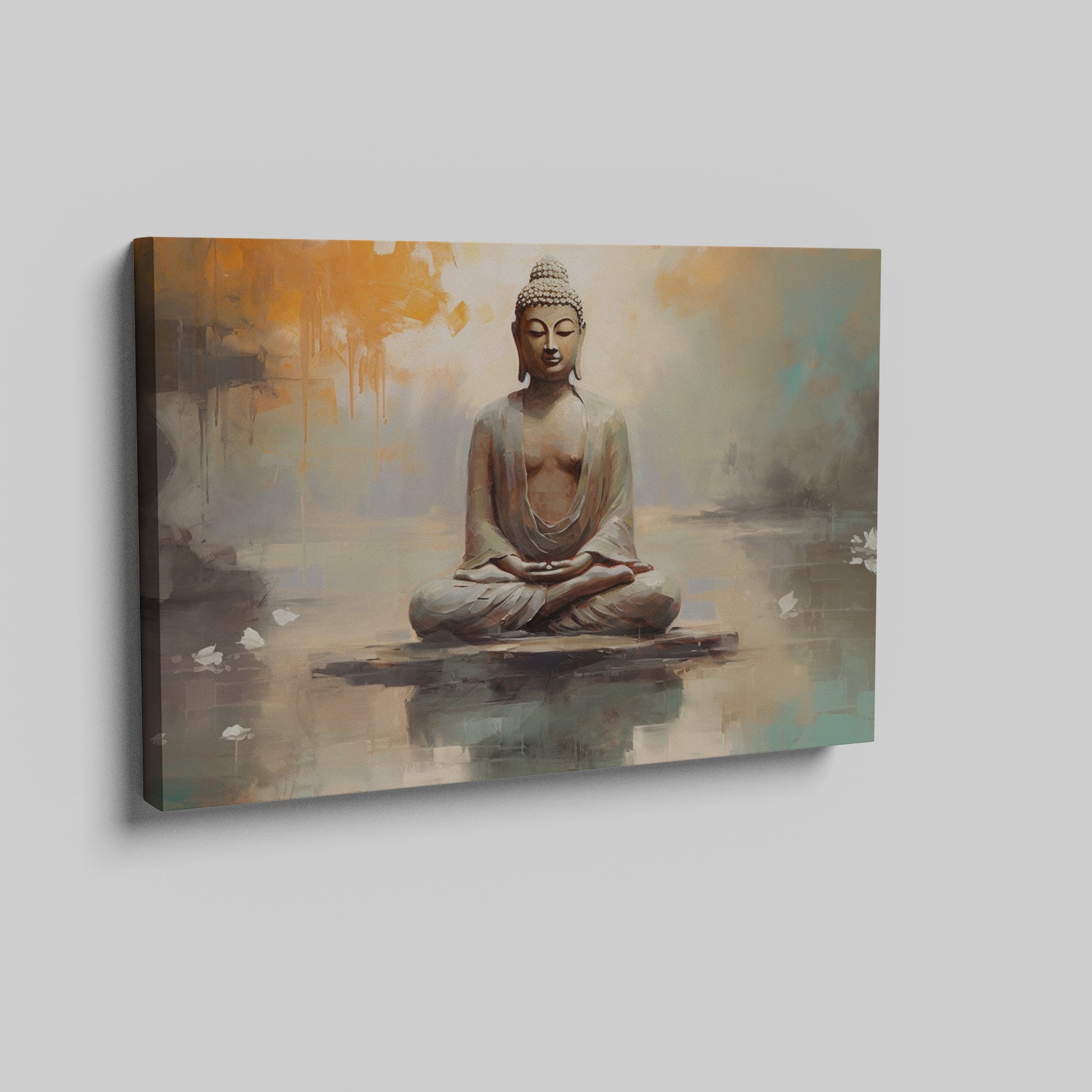 Framed canvas print of serene Buddha in meditative pose with abstract orange and blue background