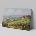 Framed canvas print of a sunny Tuscan landscape with vineyards and rustic houses