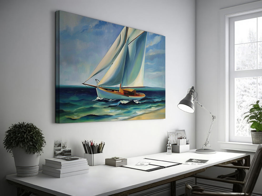 Canvas print of a realist artwork featuring a sailboat with white sails on a blue ocean with sky