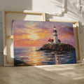 Impressionistic painting of a lighthouse on a cliff at sunset with vibrant orange, pink, and blue sky reflected in water