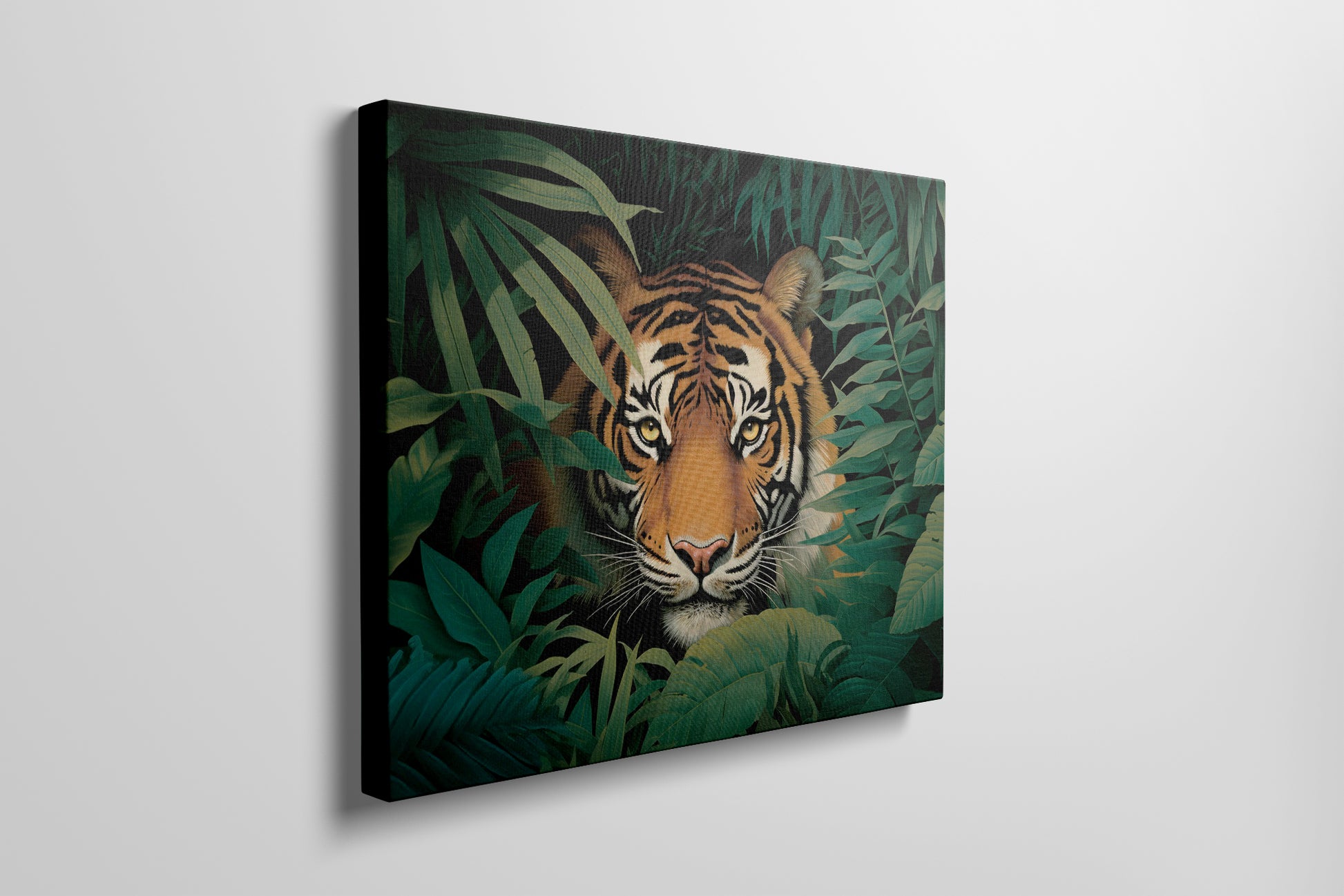Canvas print of a tiger in a jungle with vivid green leaves around it