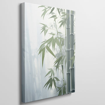 Framed canvas print of a serene bamboo forest with lush green leaves and mist