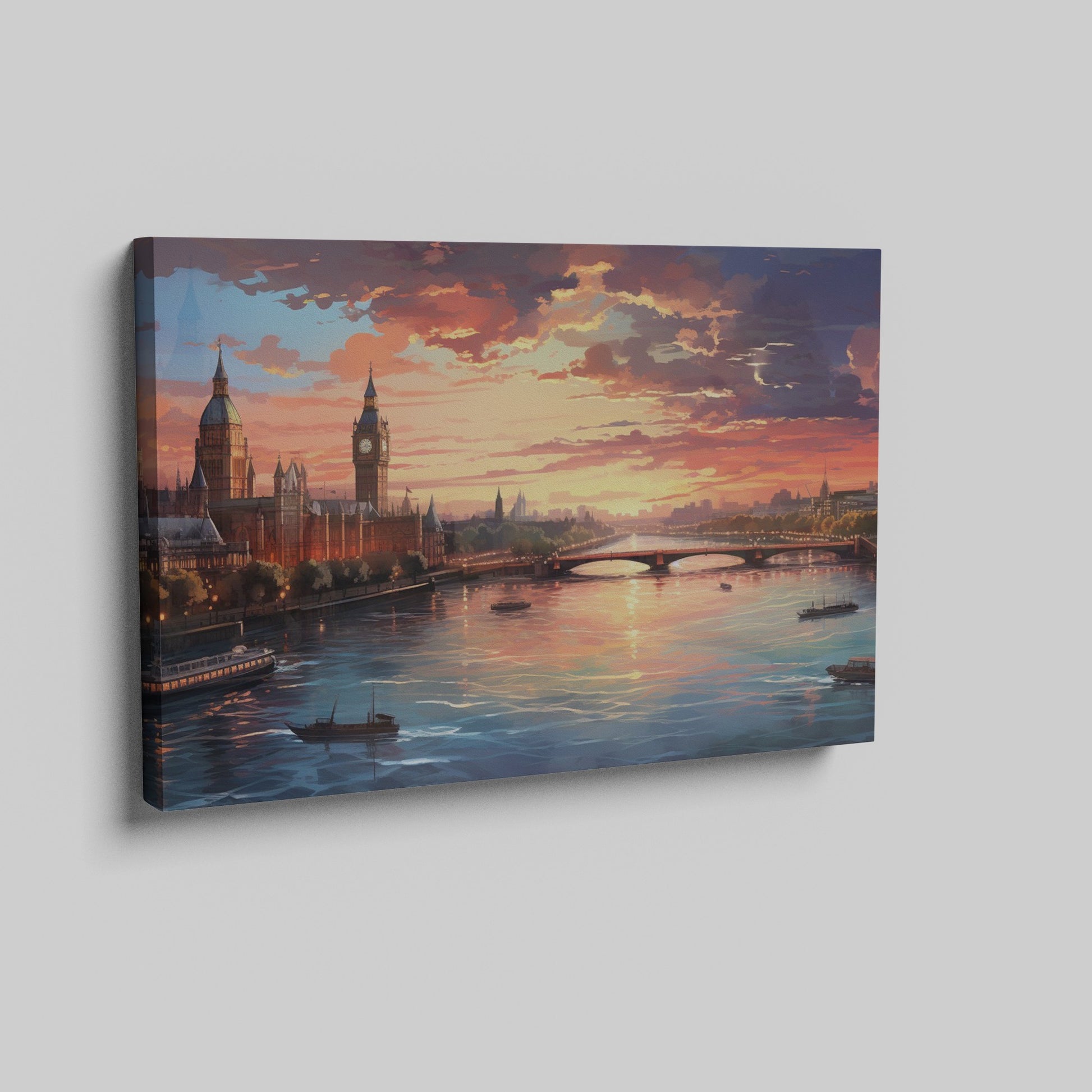 Framed canvas print of a scenic London skyline at sunset with vibrant hues and the River Thames