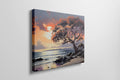 A vibrant sunset painting with an orange and red leafy tree overlooking a coastal seascape with gentle waves and cliffs.