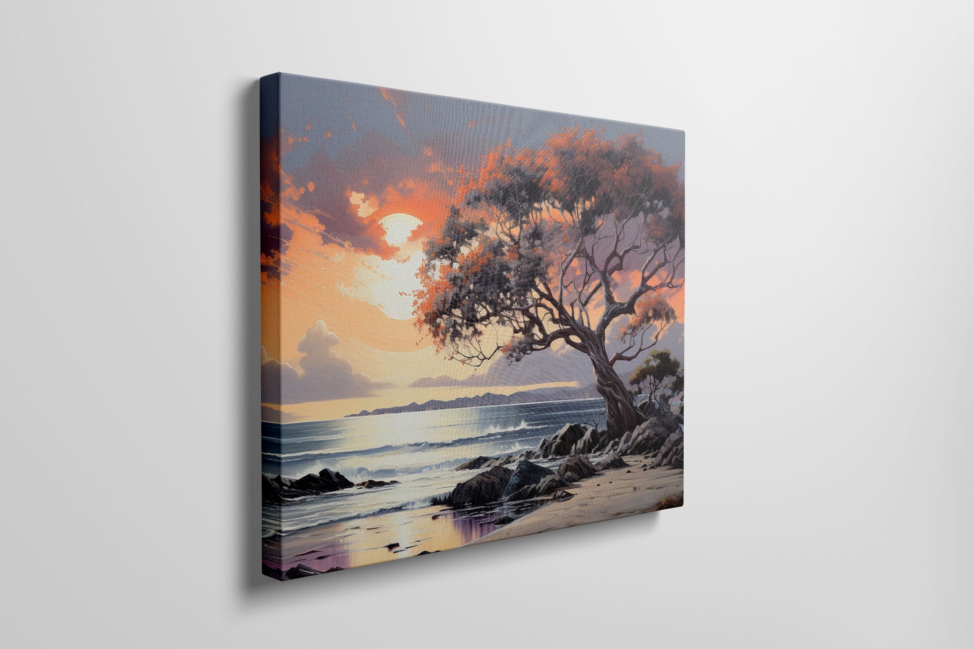 A vibrant sunset painting with an orange and red leafy tree overlooking a coastal seascape with gentle waves and cliffs.