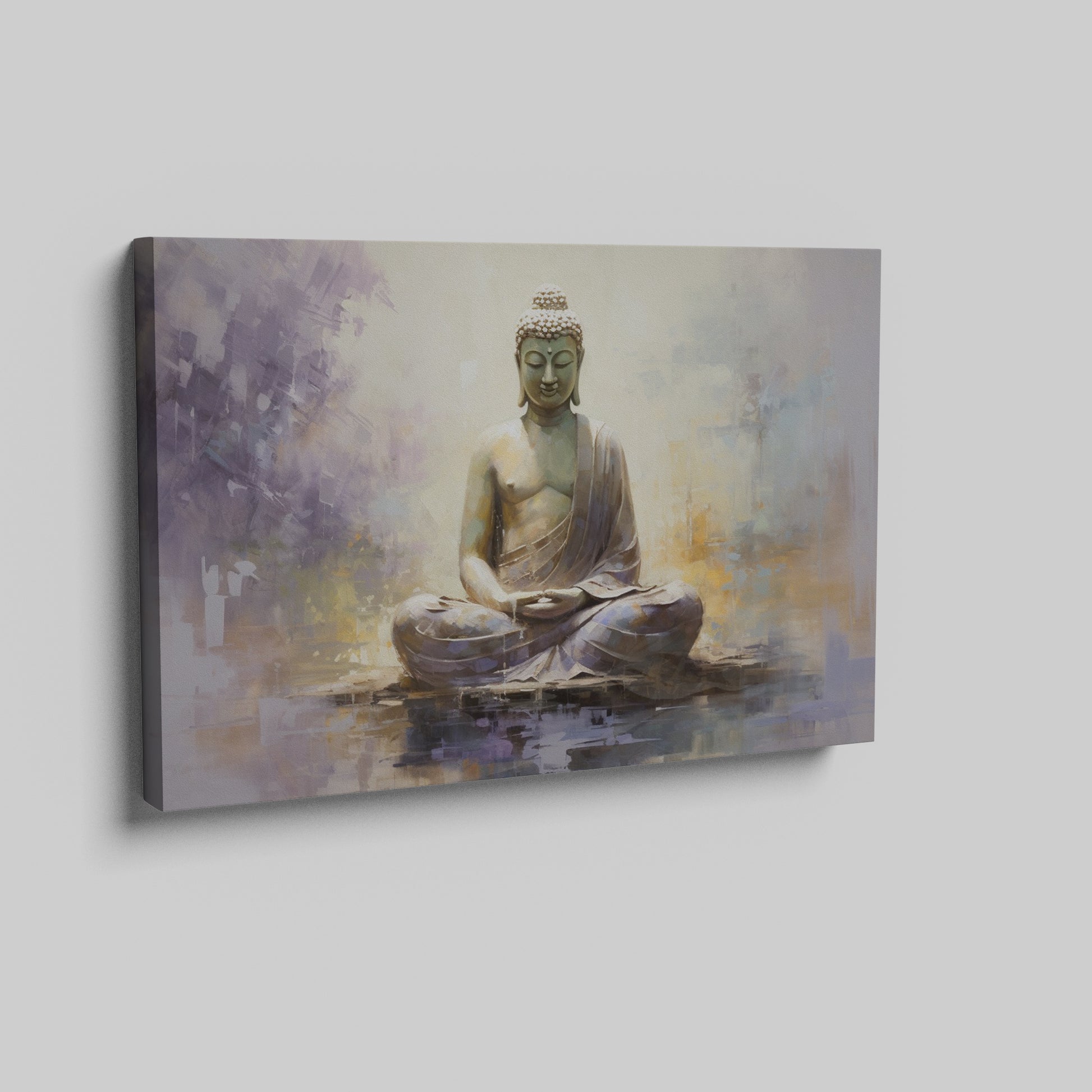 Framed canvas print depicting a serene Buddha in meditation, with textured strokes and a peaceful color palette