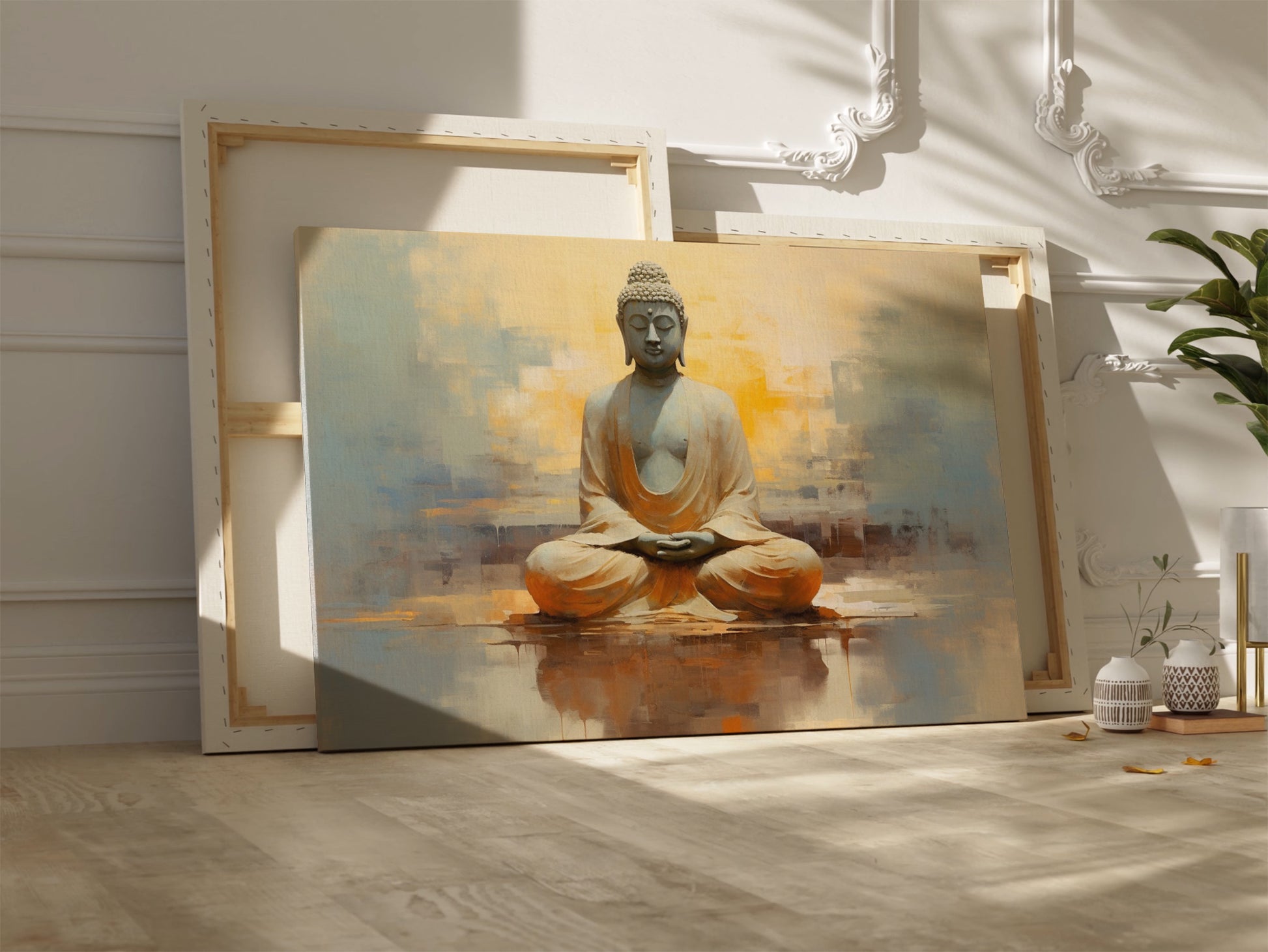 Framed canvas print of serene Buddha in meditation with abstract warm golden background