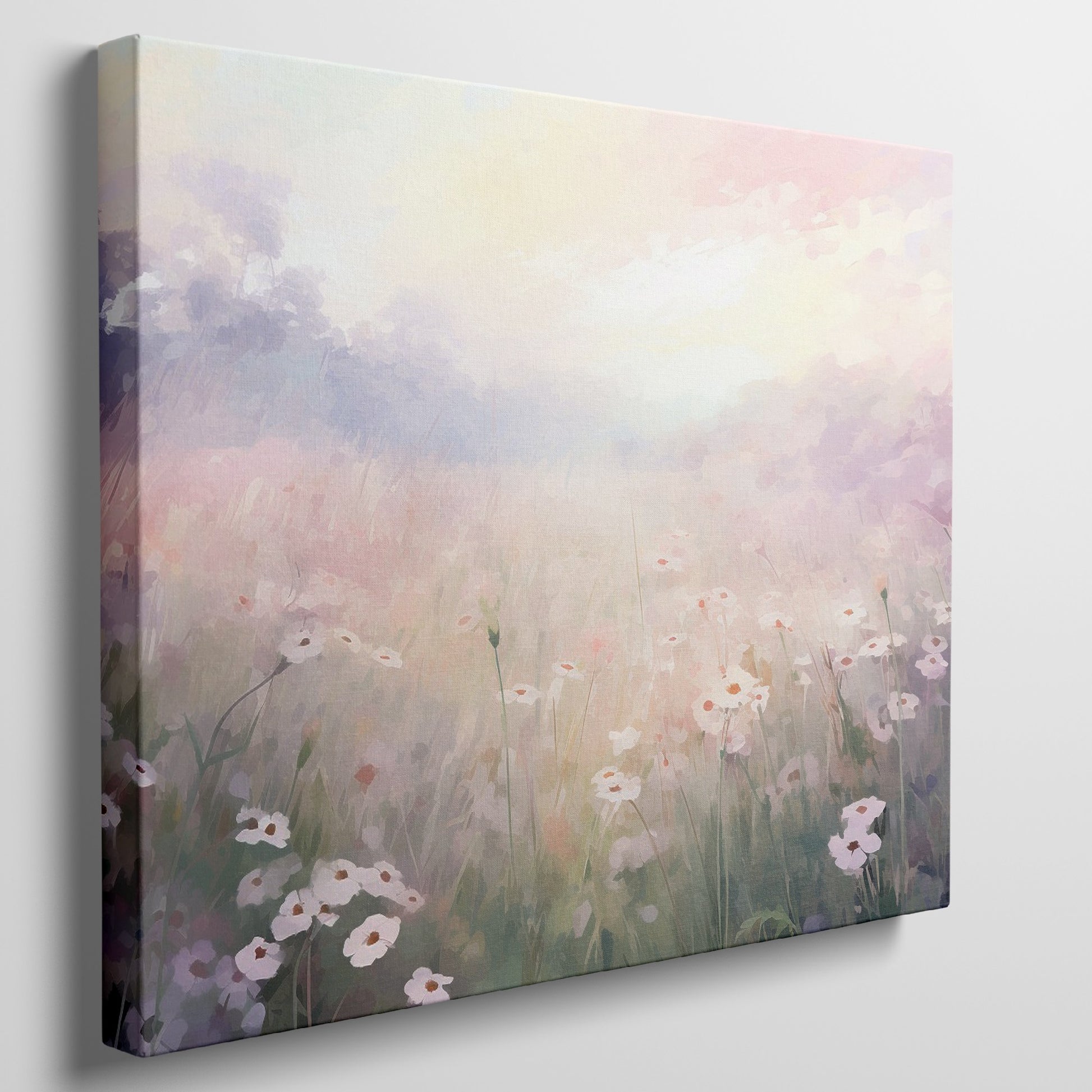 Framed canvas print of an impressionist painting of a daisy meadow at sunrise with soft pastel colours