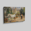 Framed canvas print of an impressionist painting featuring a white horse, a Victorian estate, and garden scenery