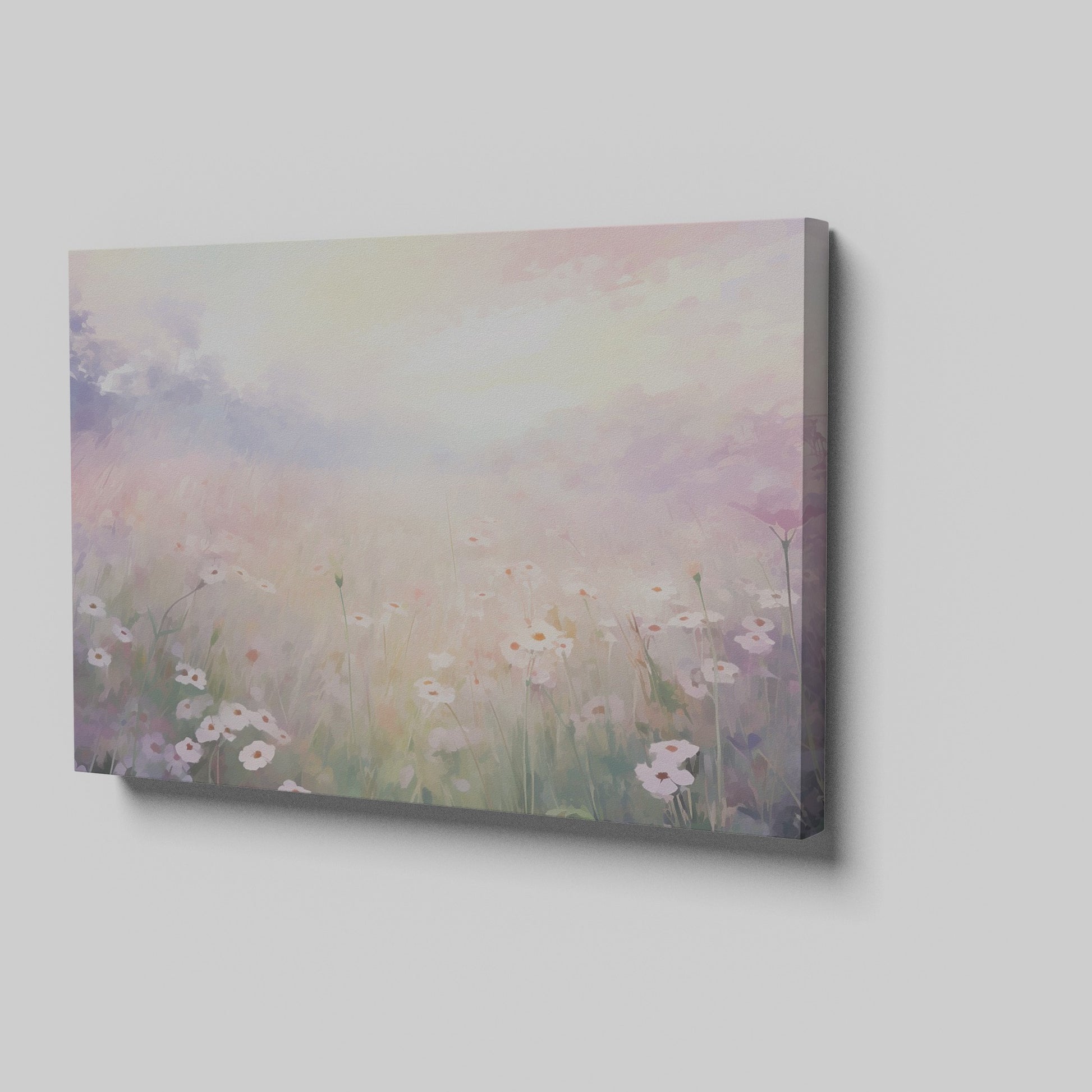 Framed canvas print of an impressionist painting of a daisy meadow at sunrise with soft pastel colours