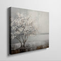 Textured painting of a tree with white flowers and its reflection on water, on a beige and brown background
