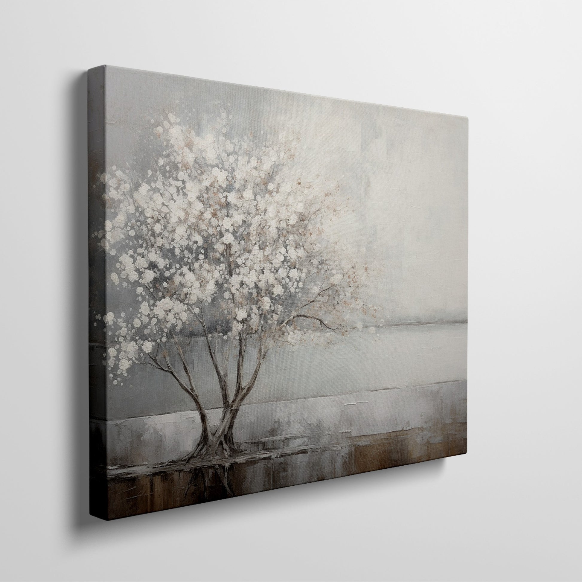 Textured painting of a tree with white flowers and its reflection on water, on a beige and brown background