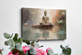Framed canvas print of a serene Buddha in meditation with abstract watercolour lotus flowers and reflections