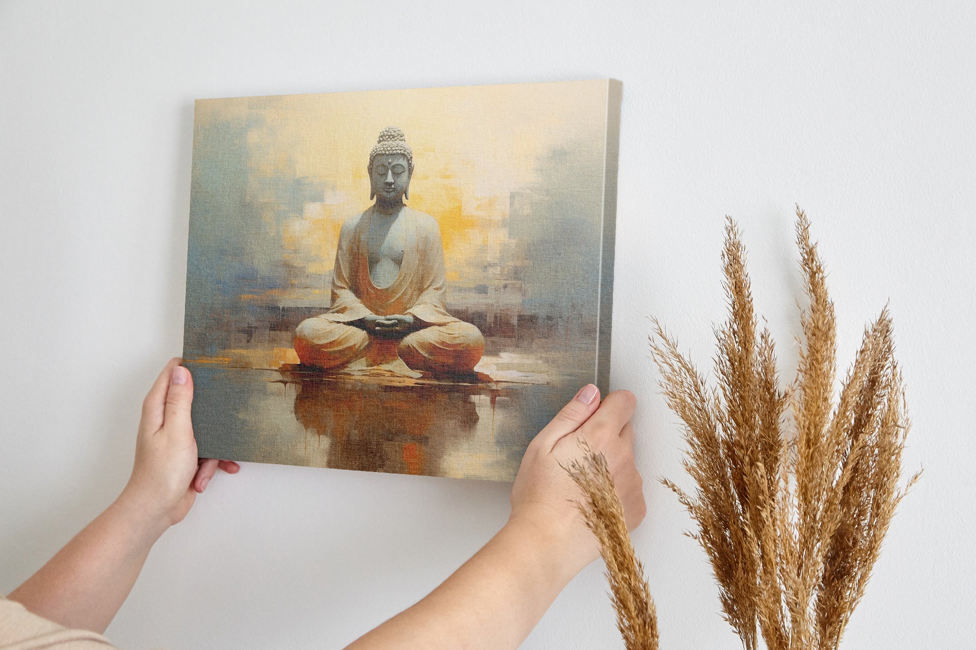 Framed canvas print of serene Buddha in meditation with abstract warm golden background