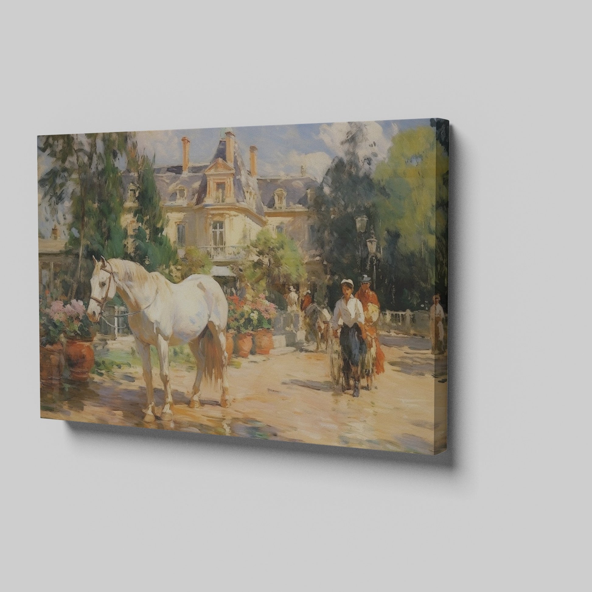 Framed canvas print of an impressionist painting featuring a white horse, a Victorian estate, and garden scenery
