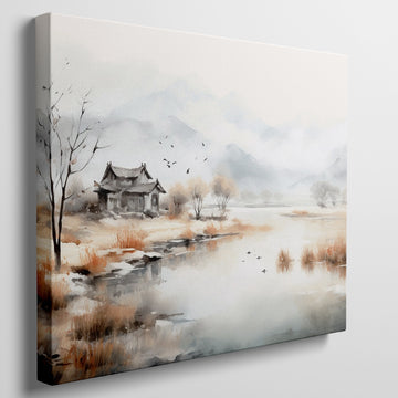 Watercolour painting of a serene Asian landscape with a traditional temple and calm lake