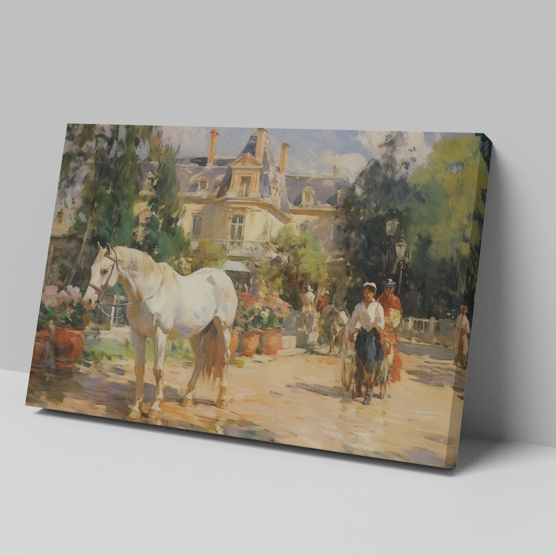 Framed canvas print of an impressionist painting featuring a white horse, a Victorian estate, and garden scenery