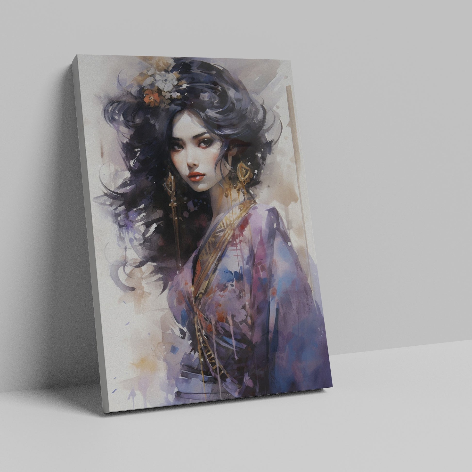 Watercolour portrait of an elegant woman with black hair and gold jewellery, with blue and purple accents