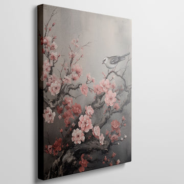 Canvas art of a cherry blossom branch with pink flowers and a small bird, on a gray background