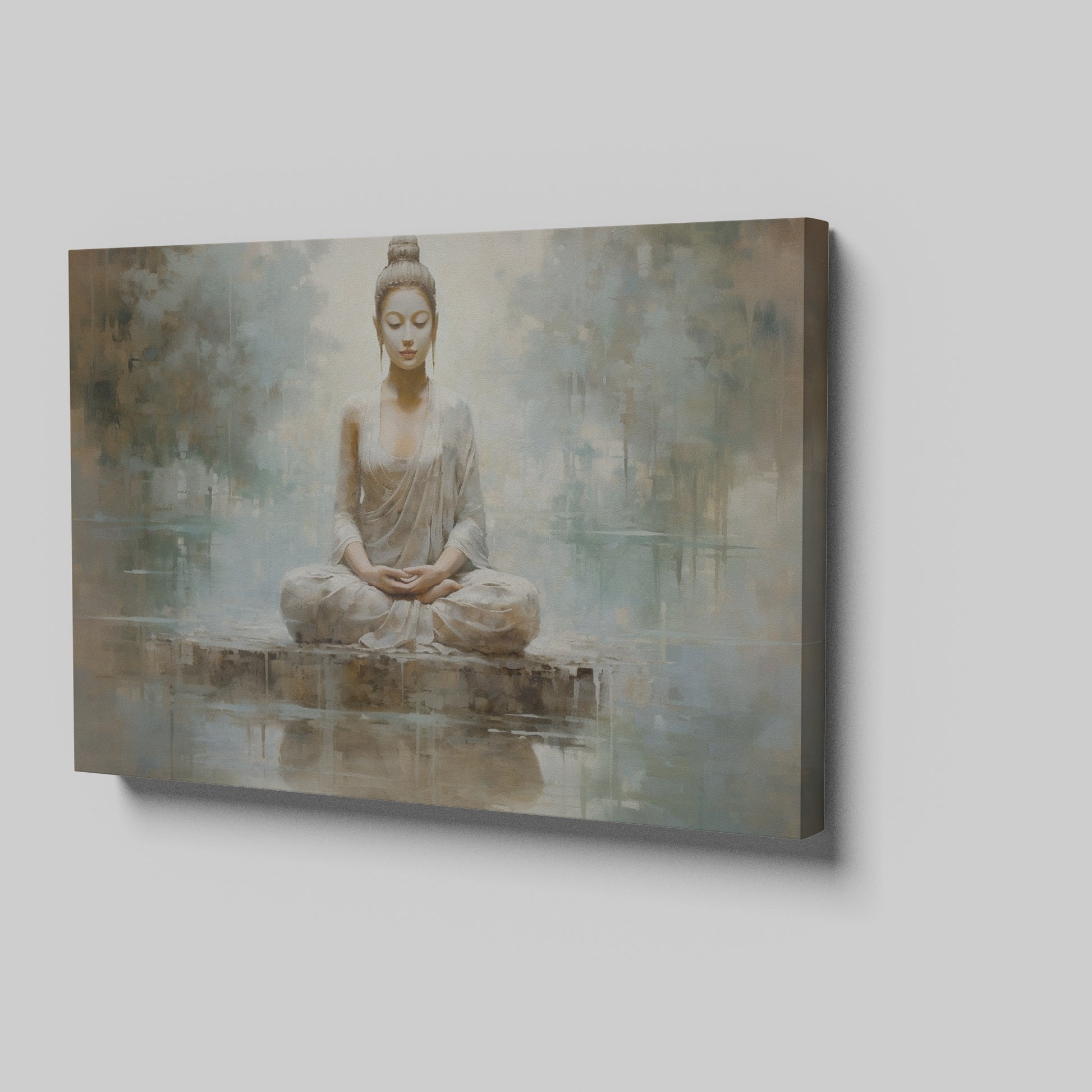 Framed canvas print of a meditative Buddha in serene, neutral tones