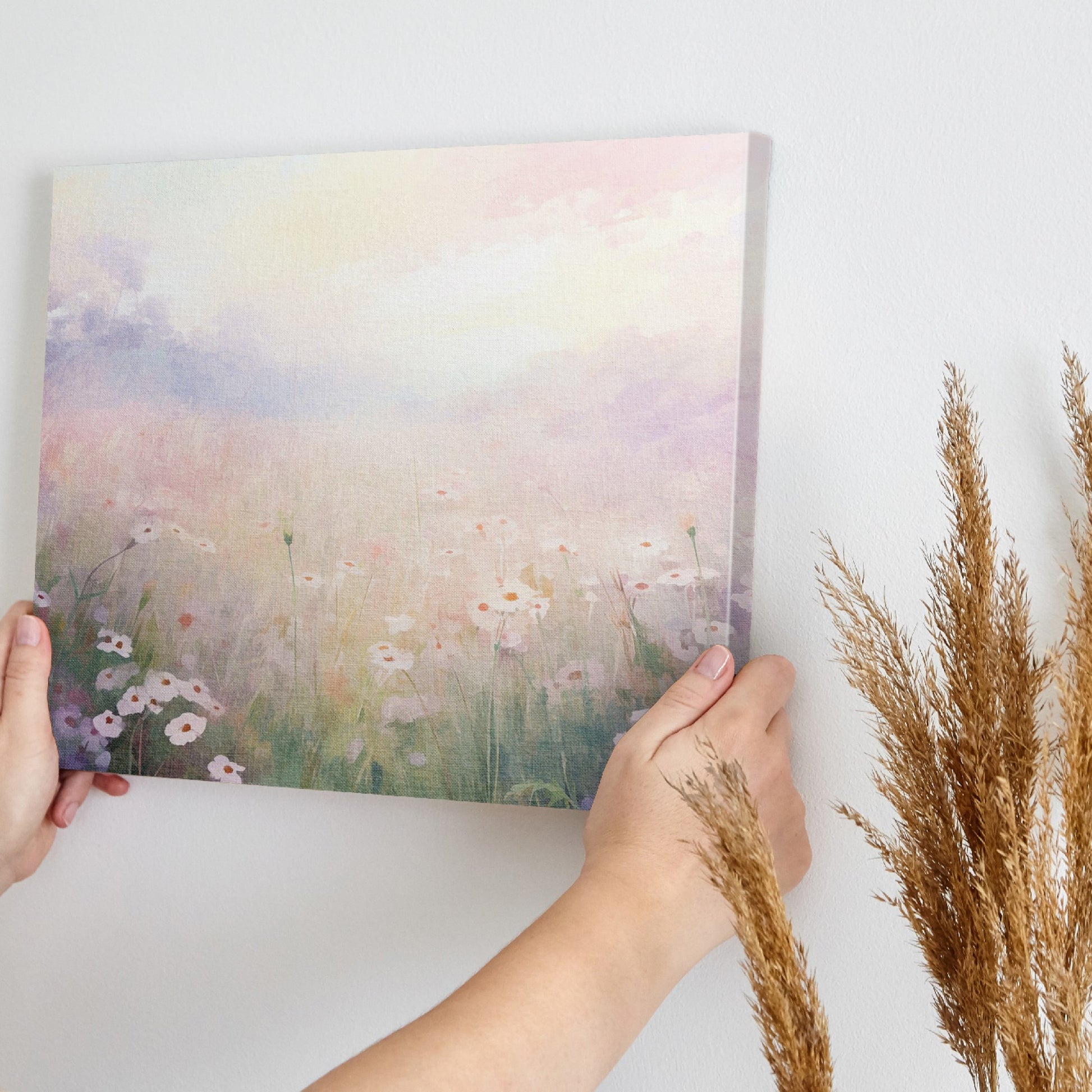 Framed canvas print of an impressionist painting of a daisy meadow at sunrise with soft pastel colours