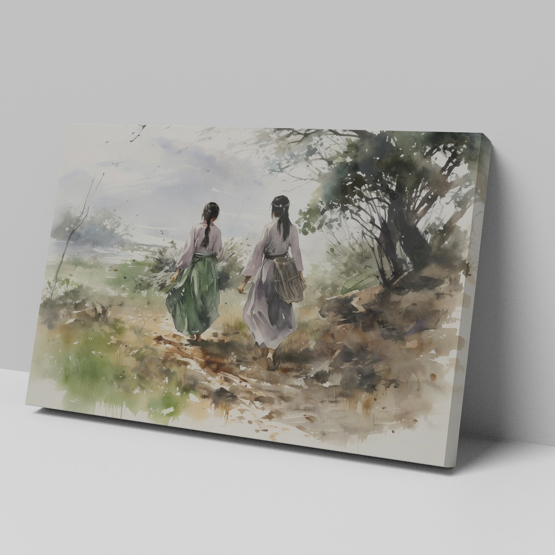 Watercolor painting of two figures in traditional attire walking through a natural landscape