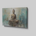 Framed canvas print of tranquil Buddha with abstract blue and beige background