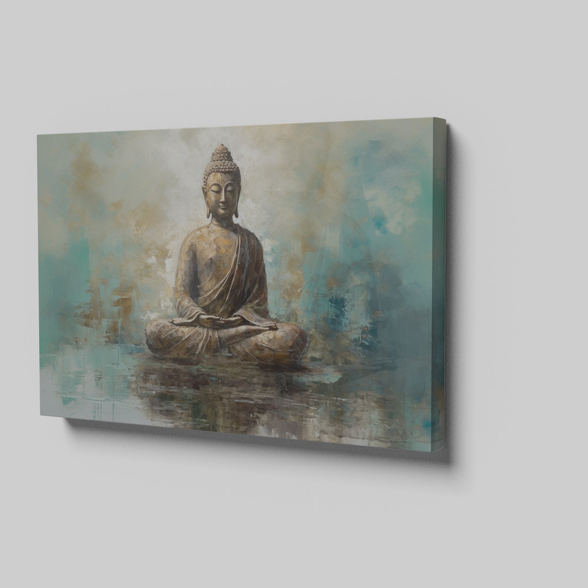 Framed canvas print of tranquil Buddha with abstract blue and beige background