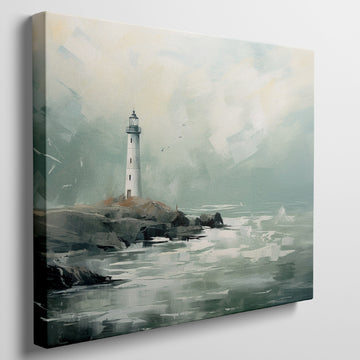 Impressionist style canvas art of a lighthouse on a rocky coastline with birds in the sky and a serene ocean