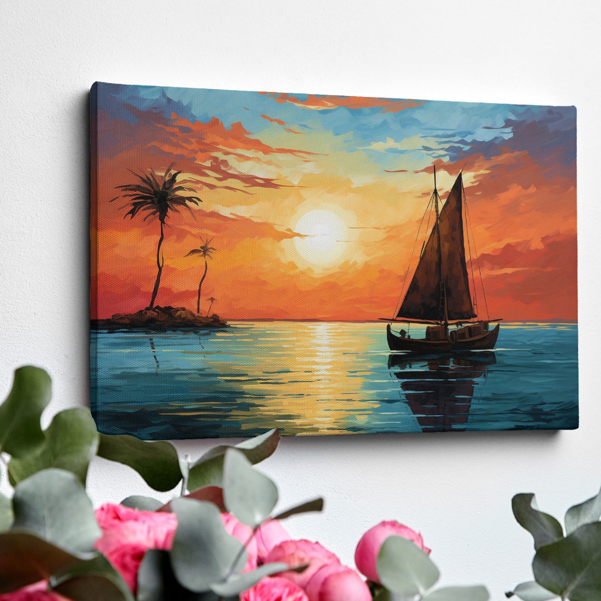 Framed canvas print of a tropical sunset with a sailboat and palm trees