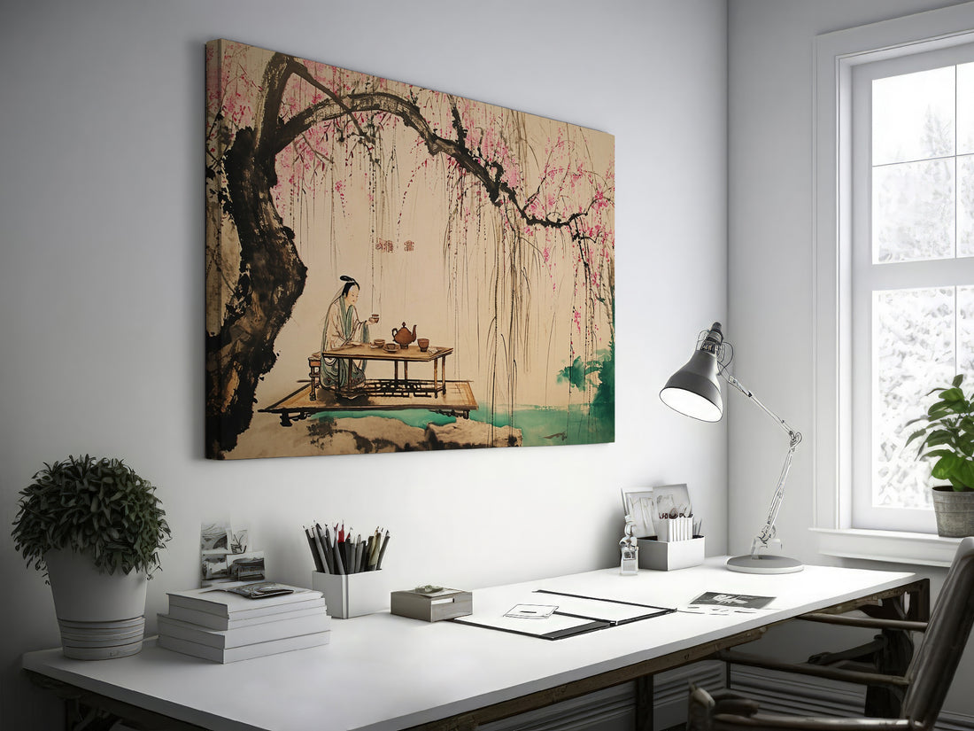 Traditional Eastern-style painting of a woman enjoying a tea ceremony under a cherry blossom tree with willow branches and a serene water background.