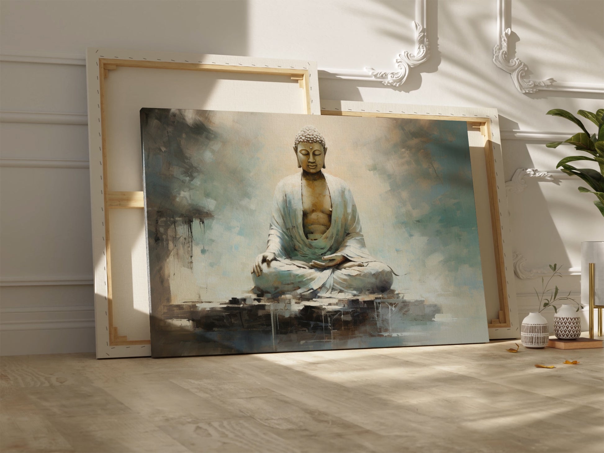 Framed canvas print of a serene Buddha in meditation with abstract, earthy tones