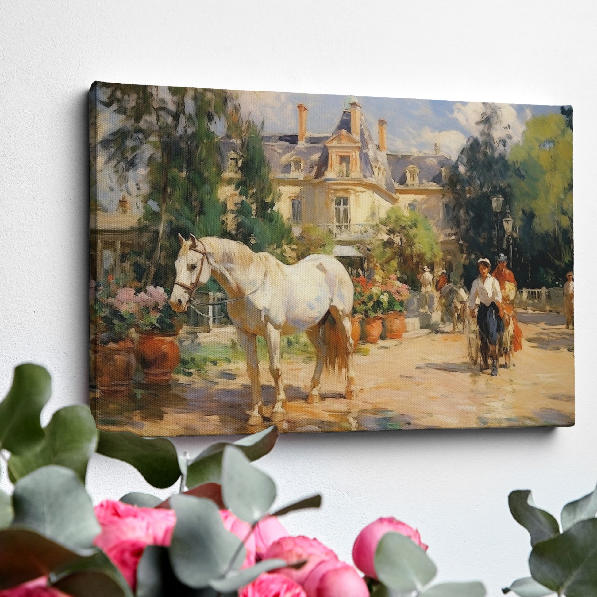 Framed canvas print of an impressionist painting featuring a white horse, a Victorian estate, and garden scenery