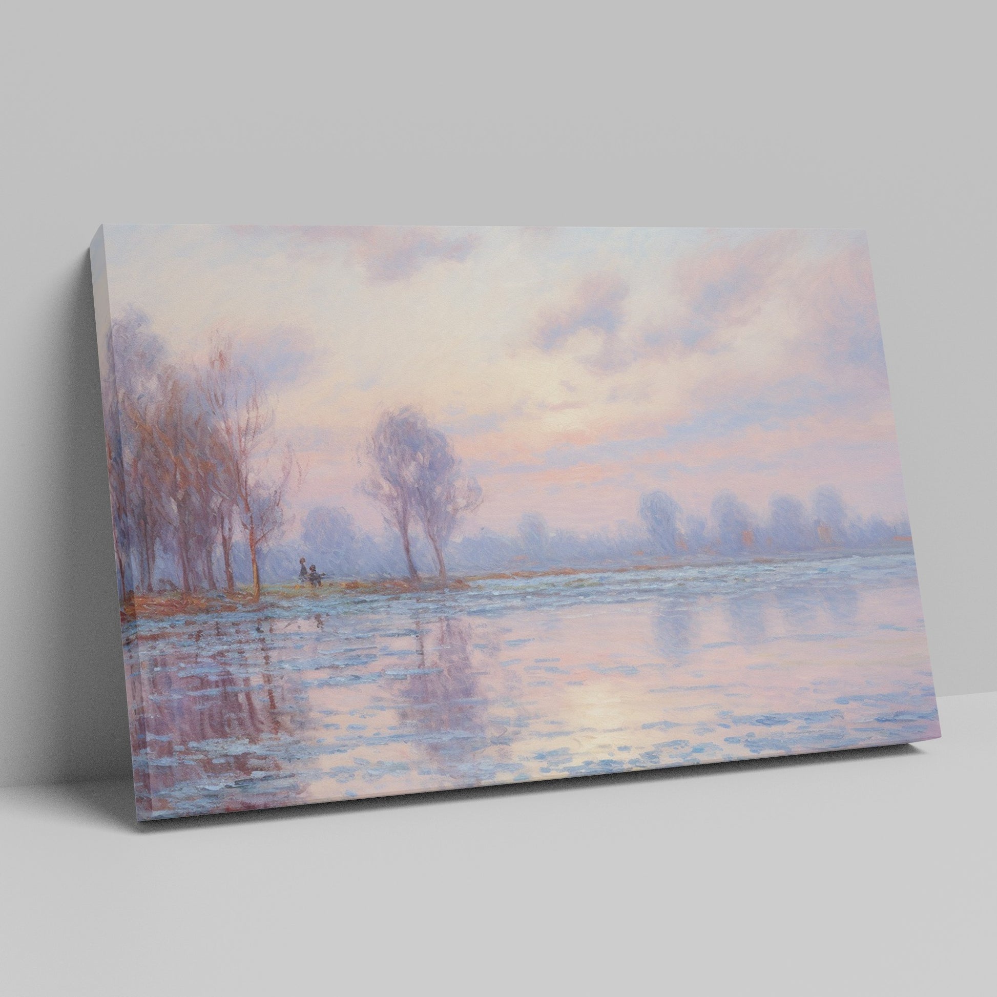 Pastel-hued landscape painting of a sunrise with reflections in the water and silhouetted trees.