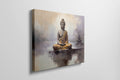 Framed canvas print of a meditative Buddha figure in golden and beige tones with a serene abstract background
