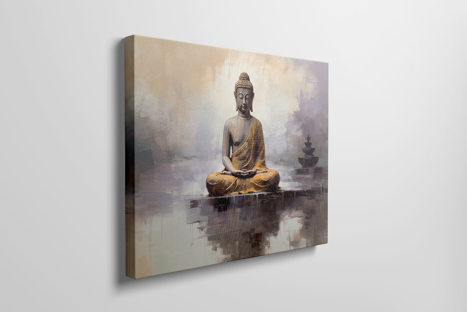 Framed canvas print of a meditative Buddha figure in golden and beige tones with a serene abstract background