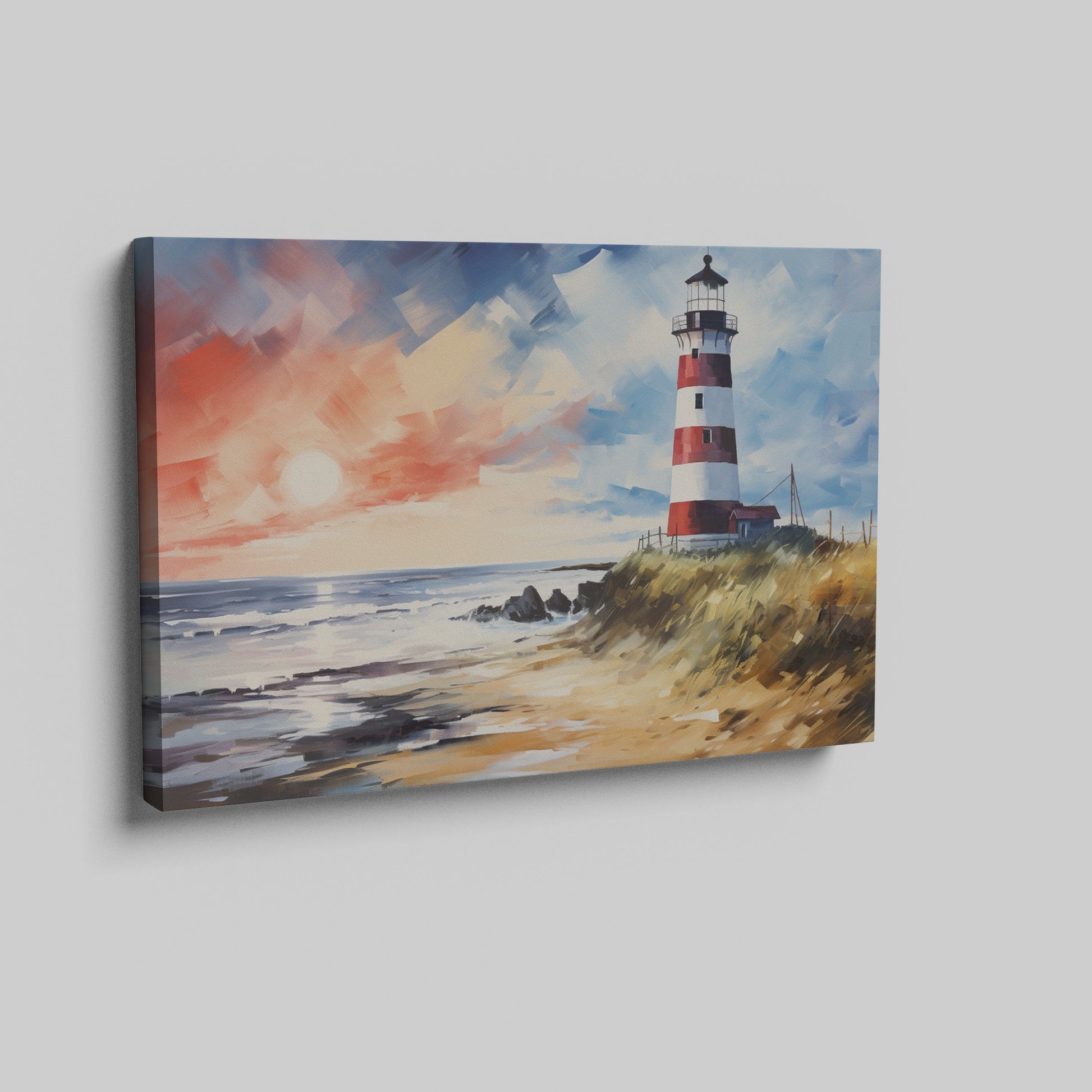Impressionistic painting of a red and white lighthouse at sunset with vivid blue and orange sky