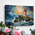 Framed canvas print of an abstract lighthouse seascape with vibrant sunset and dynamic brushstrokes