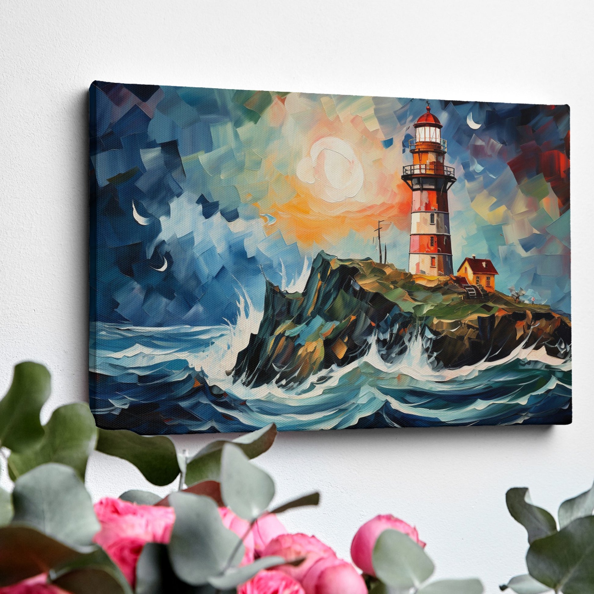 Framed canvas print of an abstract lighthouse seascape with vibrant sunset and dynamic brushstrokes