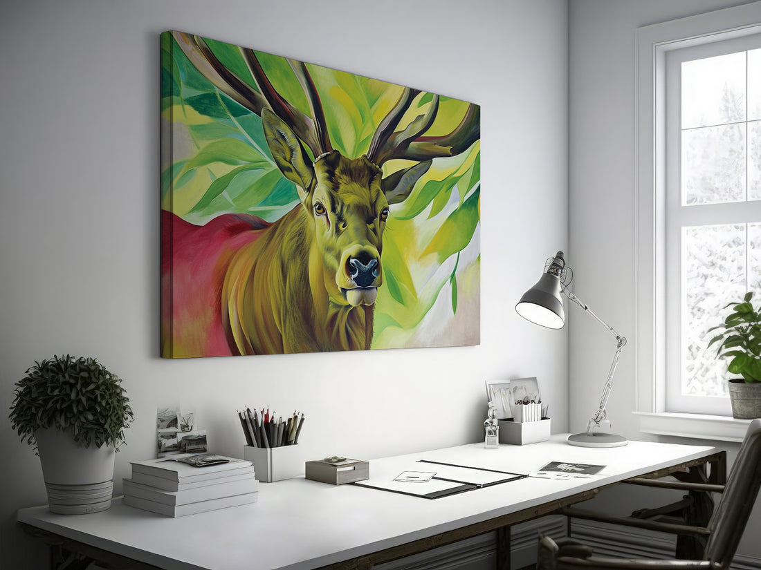 Canvas print of a stylised stag with predominant green and yellow tones and a modern art style
