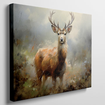 Impressionistic canvas art of a stag with prominent antlers in autumnal tones of brown and beige