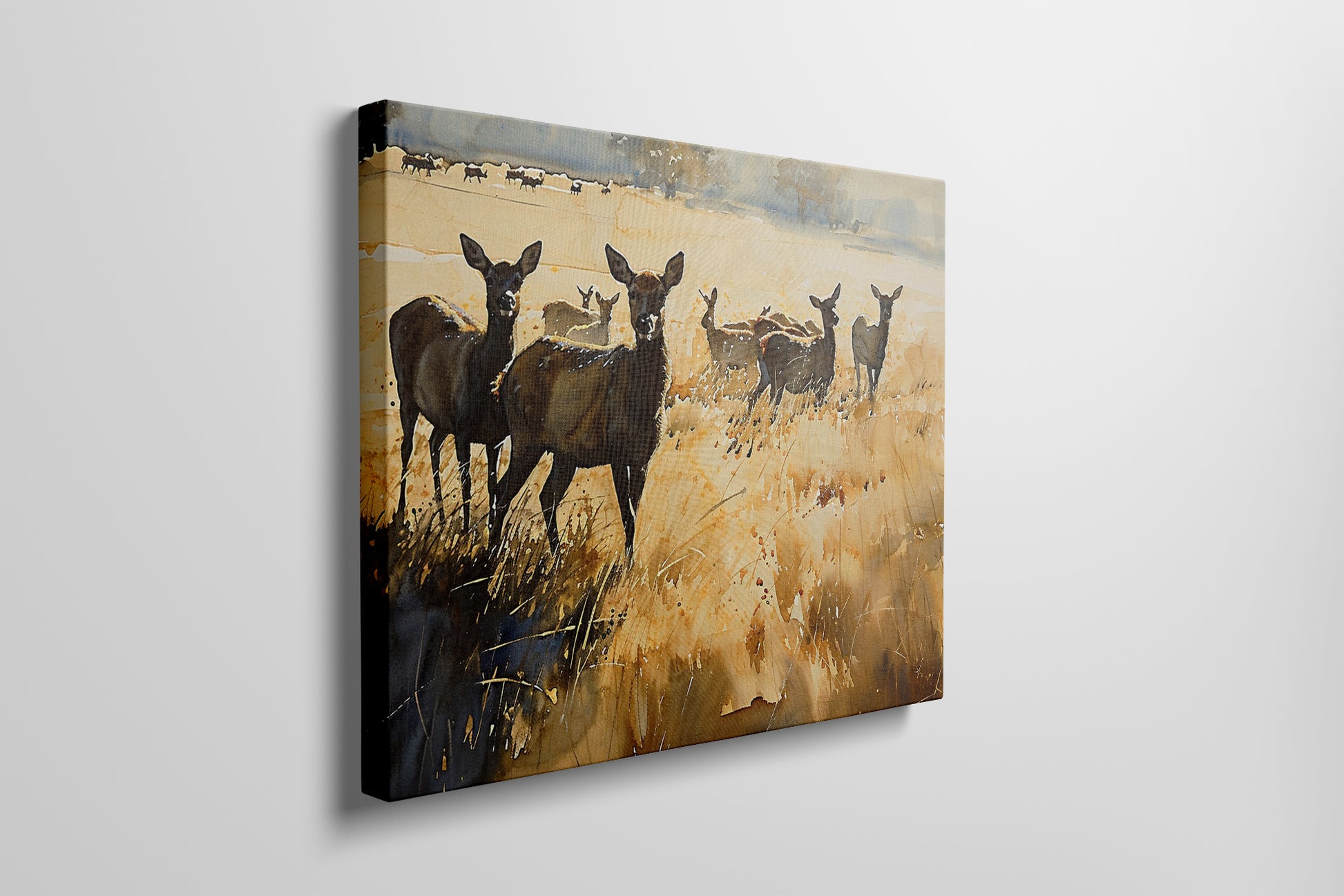 Framed canvas print of a deer herd in a golden autumn landscape with splattered paint effect.