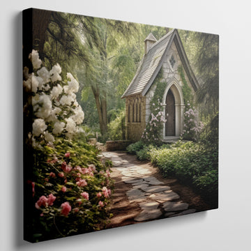 Framed canvas print of enchanting cottage and flower-lined path in a lush garden setting