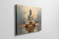 Framed canvas print of serene Buddha in meditation with abstract warm golden background