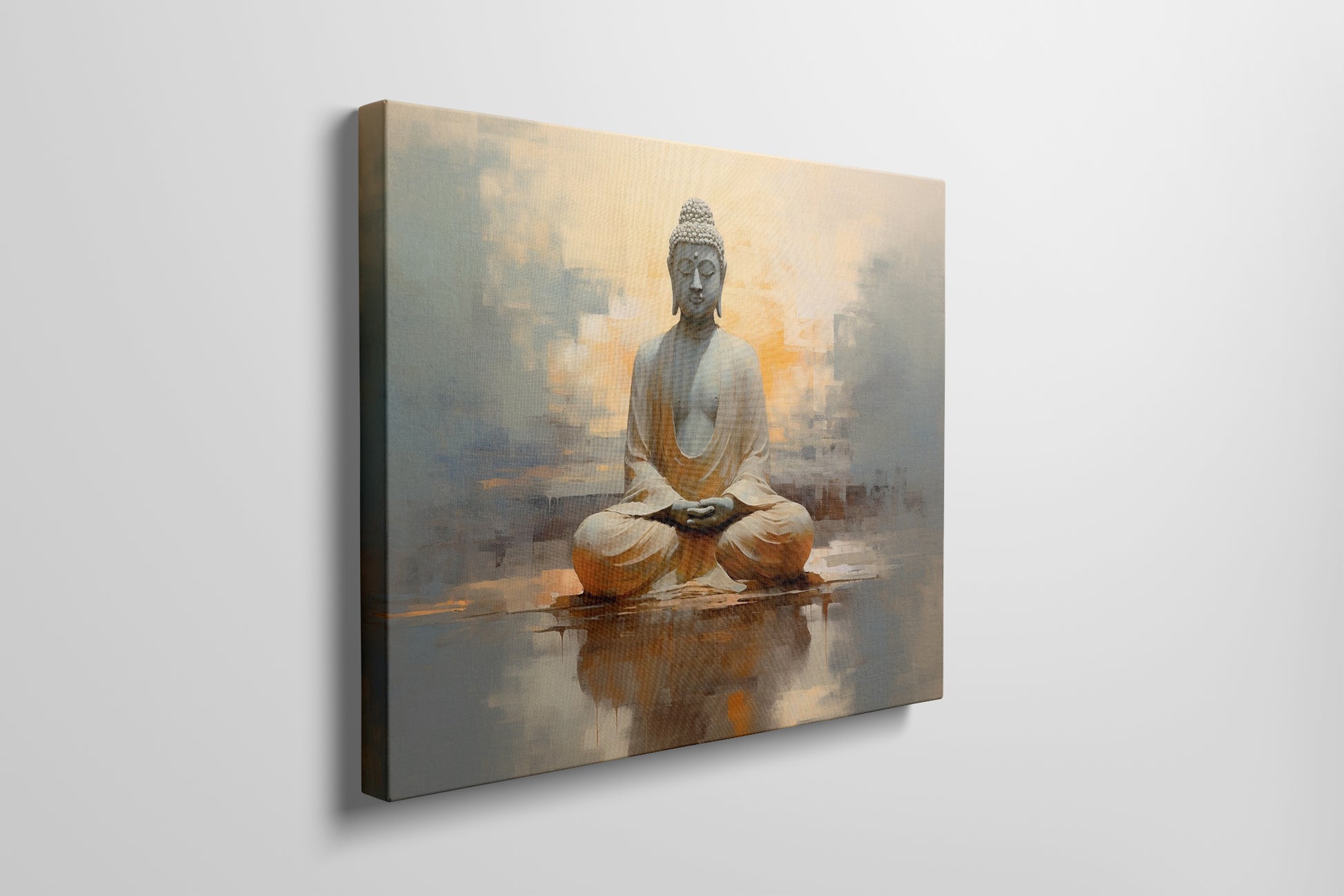 Framed canvas print of serene Buddha in meditation with abstract warm golden background