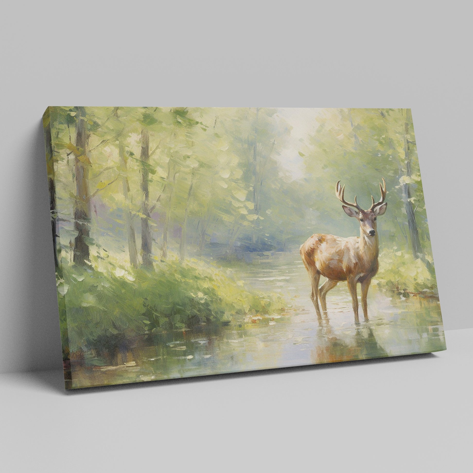 Framed canvas print depicting an impressionistic scene of a deer in a lush green forest with sunlight filtering through